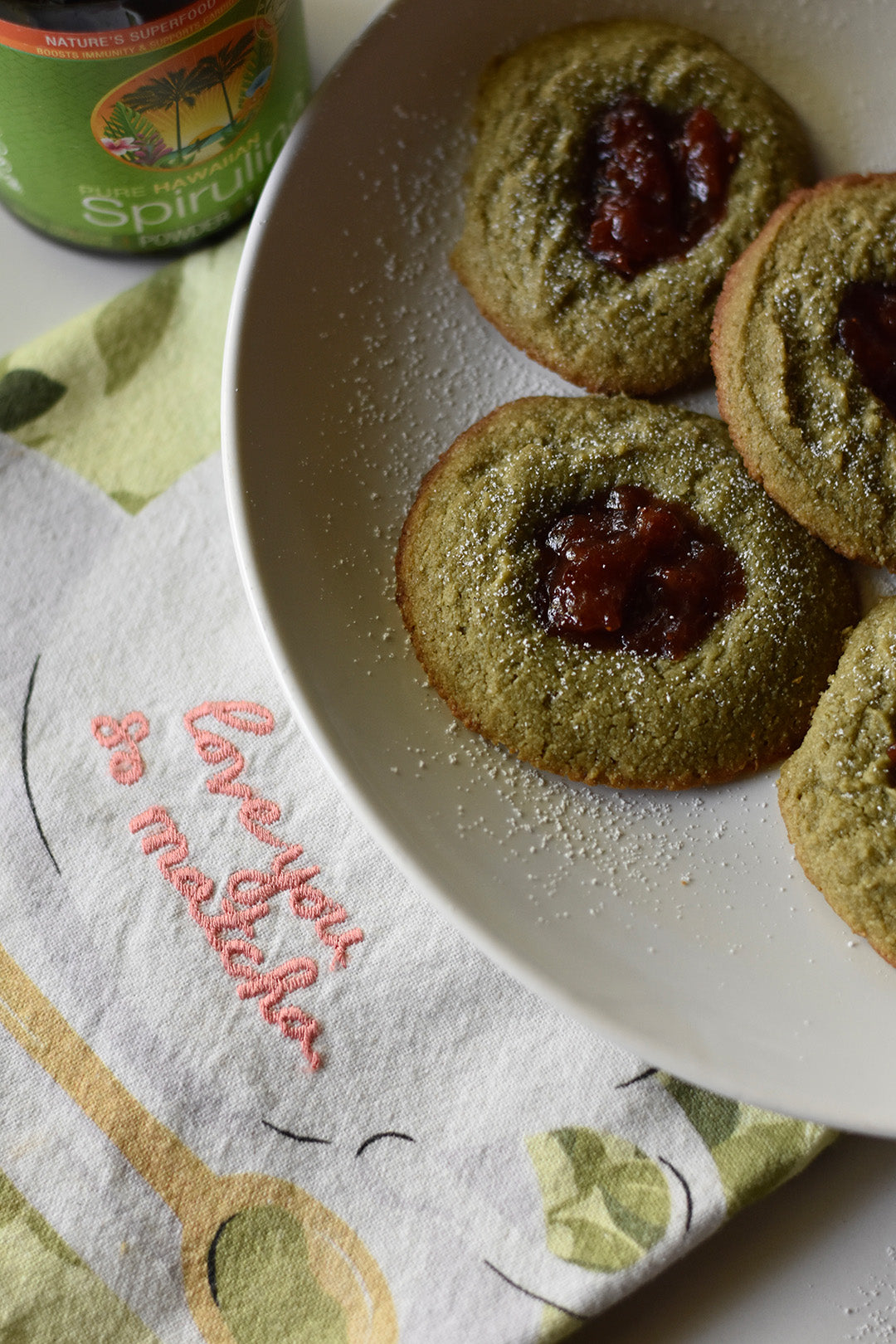 Strawberry Filled Matcha Spirulina Cookies