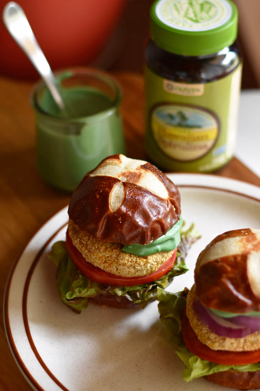 Chili Almond Crusted Chickpea Burger + Cilantro Sour Cream Sauce