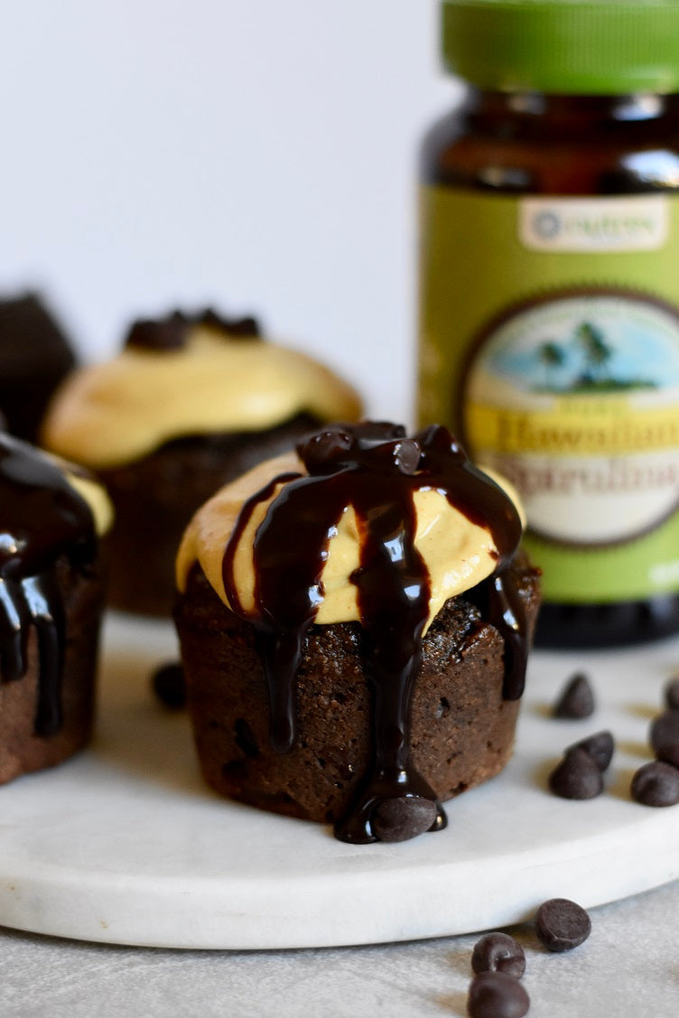 Double Chocolate Spirulina Muffins with Pumpkin Frosting
