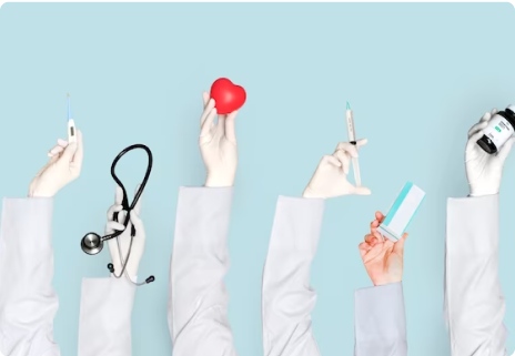 hands holding medical objects: stethoscope, syringe, pill bottle, thermometer
