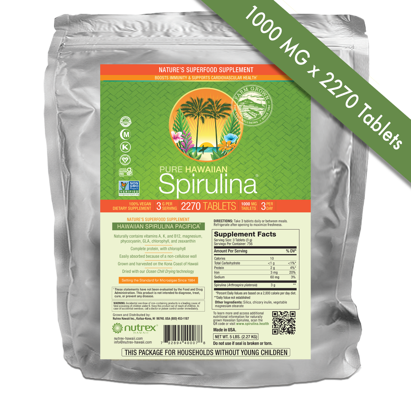 Hawaiian Spirulina 3 A Day 1000mg Tablets 5lb Bag Nutrex Hawaii